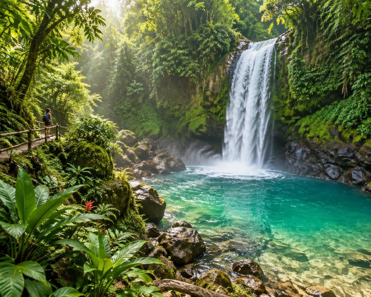 Sunlit tropical waterfall surrounded by lush green forest